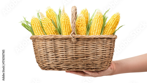 Hand Holding Basket Full of Corn on White