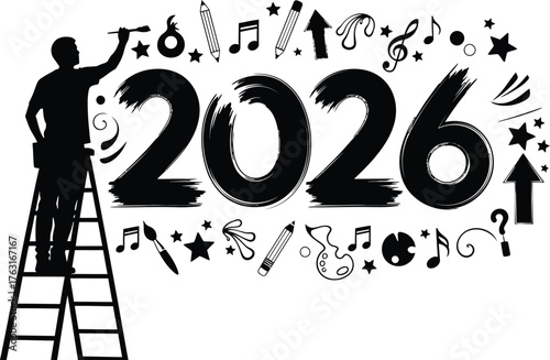 Creative 2026 new year celebration with artist painting wall, a symbol of artistic expression and new beginnings