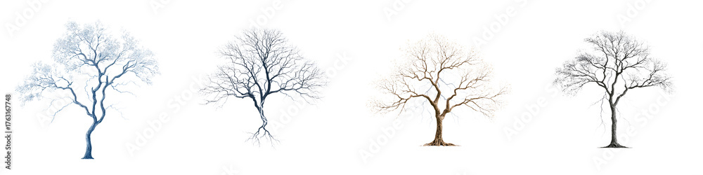 Obraz premium Four Bare Trees in Winter Isolated on White Background