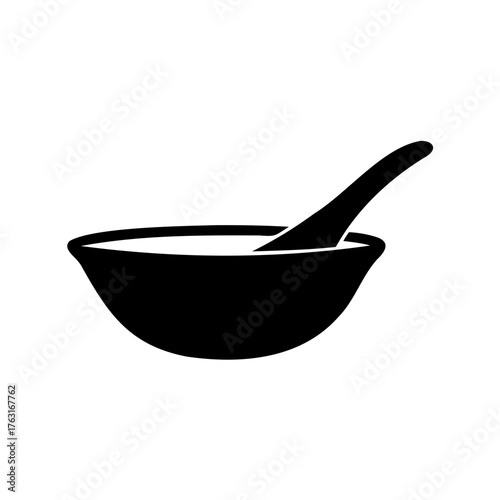 Simple graphic of a bowl with liquid contents and a spoon inside