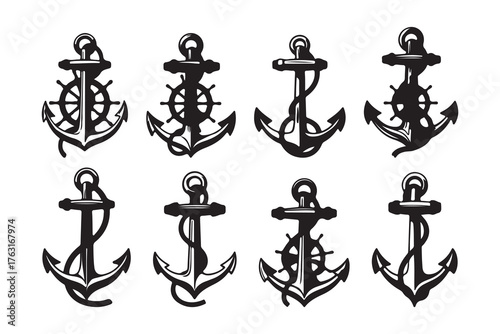 Black religious anchor icon set illustration with cross and sea elements
