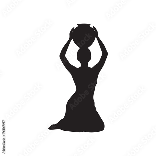 black silhouette vector illustration of a kneeling woman balancing a pot.