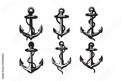 Set of nautical anchor icons with rope and chain, a vintage vector illustration and marine symbol of sailing equipment for ship and boat design
