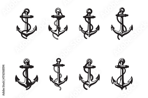 Black religious anchor icon set illustration with cross and sea elements