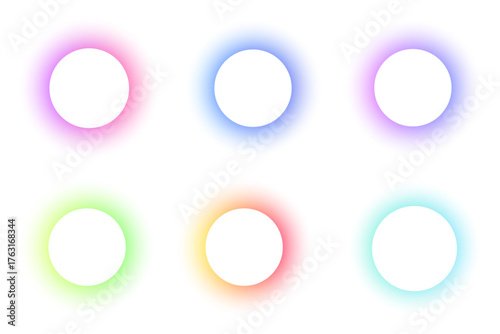 Round frames set on white background. Holographic glowing border design. Modern soft geometric blurred template with light gradient. Pastel futuristic round transparent template.