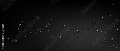 Crystal wet droplets on black glass surface - realistic background. Water beads and condensation patterns with light reflections. Rain or dew texture elements for minimalist design and overlay effect.