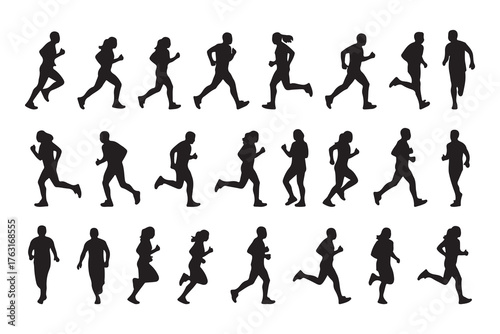 Black vector silhouettes of men and woman in sport and business poses, illustrating running, dance, and ball players