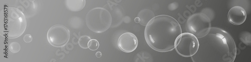 Soap bubbles flying on gray background. Vector realistic illustration of detergent, shampoo or washing gel foam, transparent water balls with light reflection, bathroom or laundry design element