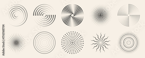 Dot radial ripple patterns set with circular geometric shapes for modern design elements. Black concentric rings and dotted spirals on beige background. Abstract burst forms with lines or points.