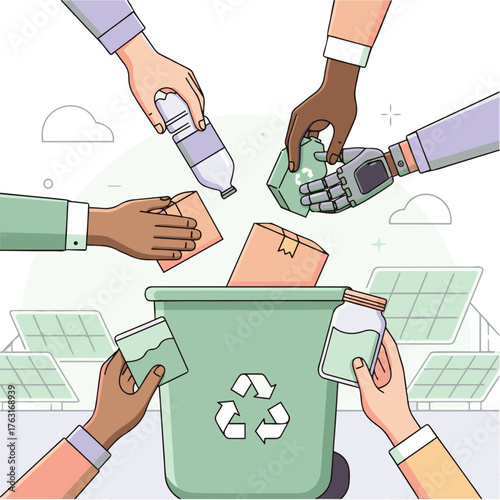 Teamwork recycling icon — close‑up diverse hands with prosthetic arm sorting into bin, zero‑waste, modular 3D‑flat pastel vector (sage green, lavender, peach), clean lines, EPS/SVG layers
