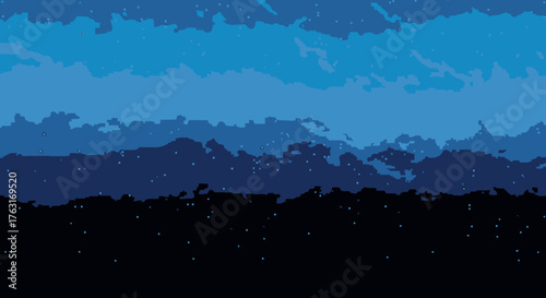 Serene minimalist digital illustration of a blue mountain range at twilight with a starry sky, a tranquil panoramic background