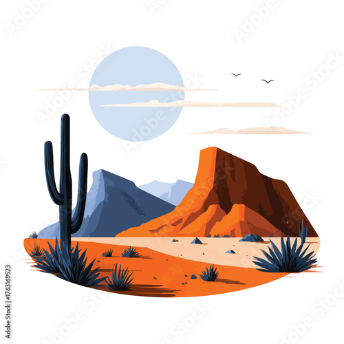 Flat lay illustration of a desert landscape with cacti and dunes isolated on white background