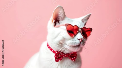 White Cat with Red Heart Sunglasses