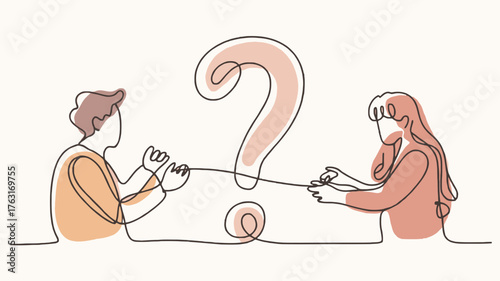 Two people pulling a question mark with a rope