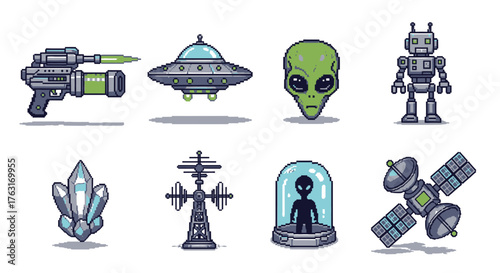 A collection of retro pixel art icons for science fiction concepts. This set includes an alien, ufo, robot, laser gun, and satellite