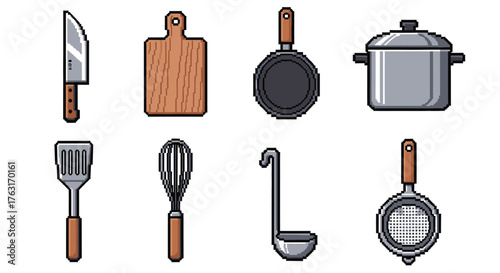 Collection of pixel art kitchen utensils, including a chef's knife, cutting board, frying pan, pot, spatula, whisk, ladle, and sieve