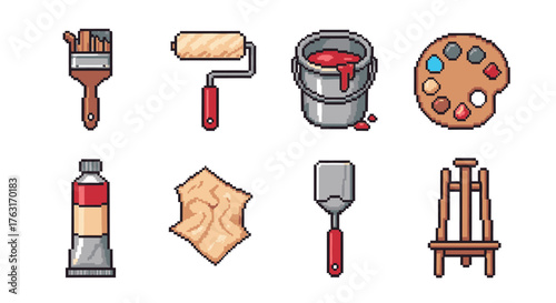 Pixelated graphic illustration set of art and painting tools. Includes icons for a paintbrush, roller, palette, easel, and paint tube