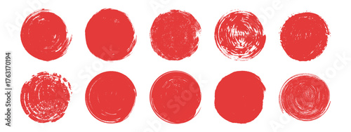 Japanese brush sun set. Hand drawn red grunge sun circles. Abstract round stamp collection on white background.