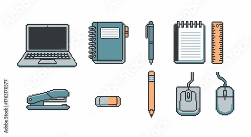 Vector collection of pixelated office and school supply icons, including a laptop, notebook, pen, and stapler for a retro tech theme