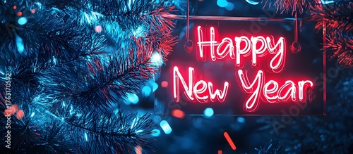 Happy New Year in neon lights on a fireworks background