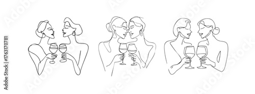 Set of minimalist continuous line art illustration of two  women clinking wine glass isolated on transparent background