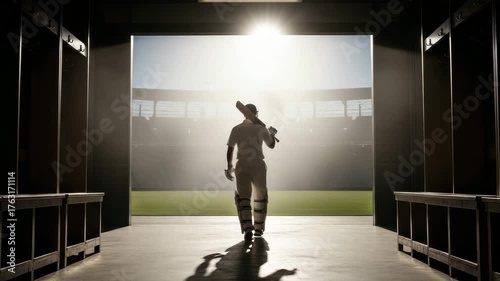 Silhouette of a cricket player walking onto the field from the locker room