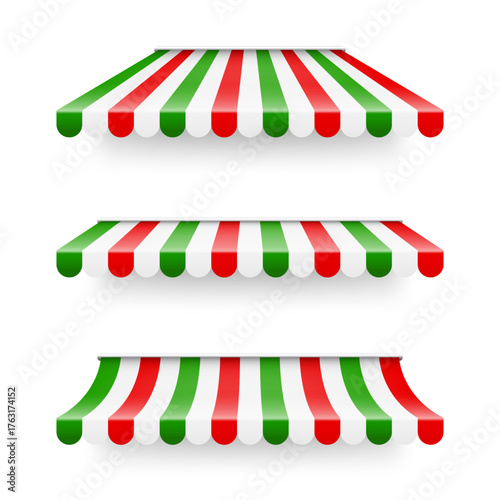 Shop sunshade. Realistic striped cafe awning. Outdoor market tent. Roof canopy in Italian flag colors. Summer street store. Vector illustration