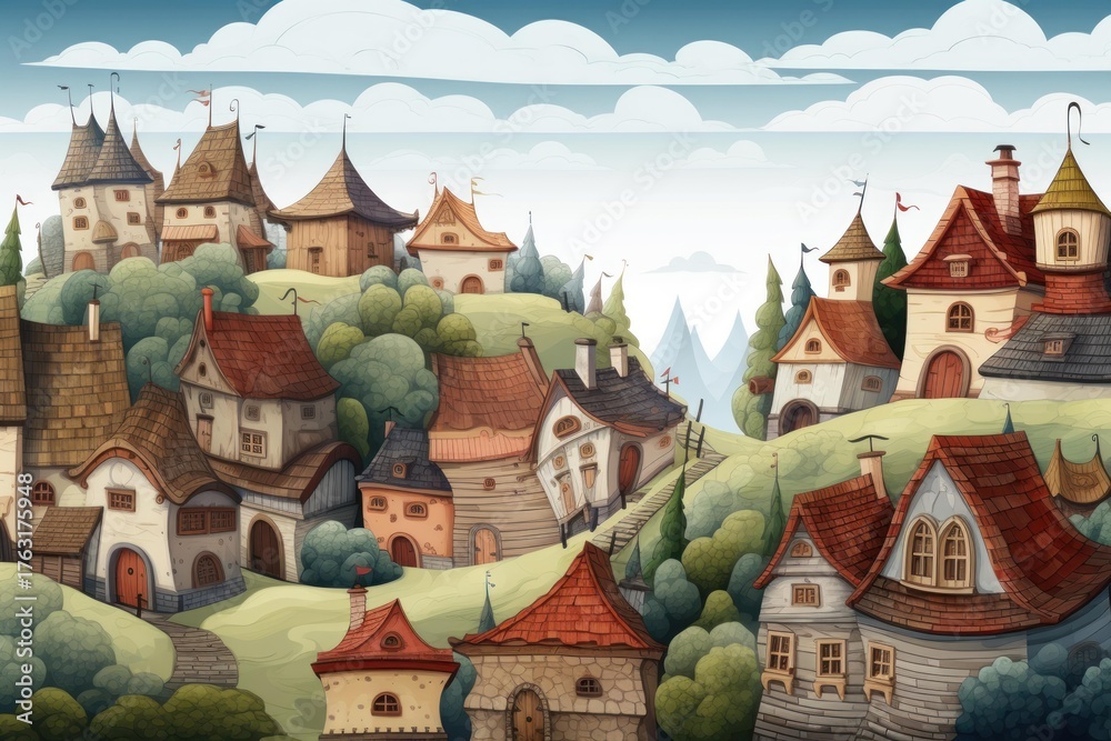 Fototapeta premium Charming village of quirky, curved houses nestled on rolling green hills