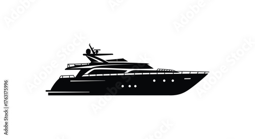 A sleek black silhouette of a modern luxury yacht on a white background