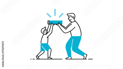 Father and son building together with a block