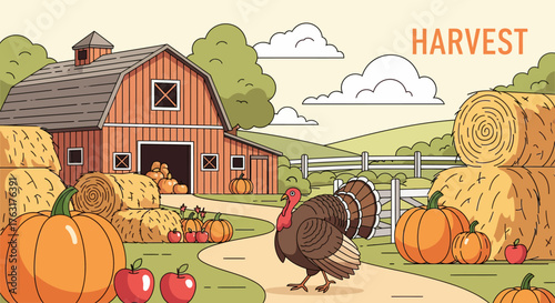 An idyllic autumn farm scene with a turkey wandering past pumpkins and hay bales next to a rustic red barn