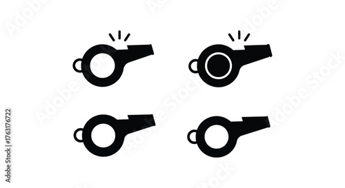Simple black and white icons representing referee whistles in various styles