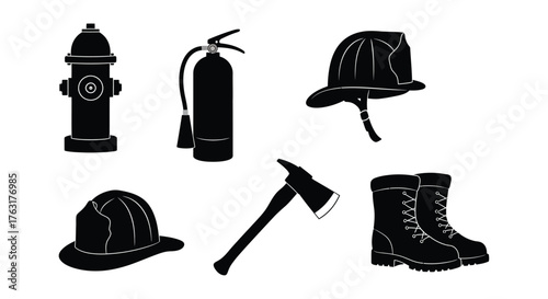 Fire safety equipment including helmets boots and an axe illustration