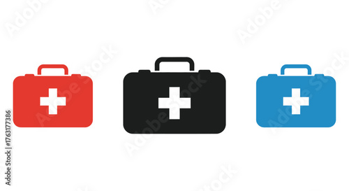 Three medical cases with white plus signs in red black and blue