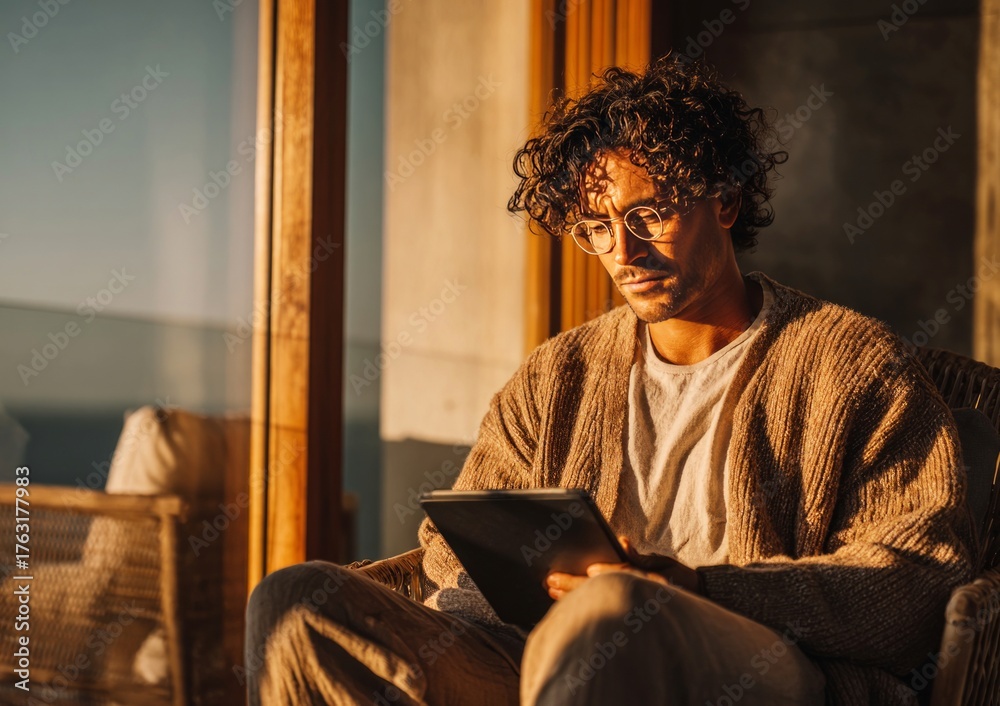 Fototapeta premium Man relaxing reading tablet in wicker chair enjoying evening sun