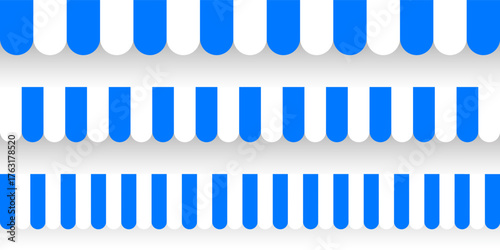 Shop sunshade. Realistic striped cafe awning. Outdoor market tent. Roof canopy. Summer street store. Vector illustration