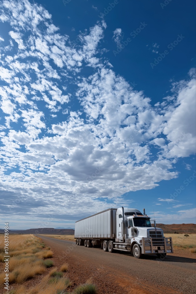 Obraz premium White truck driving on remote desert highway under clear blue sky with clouds