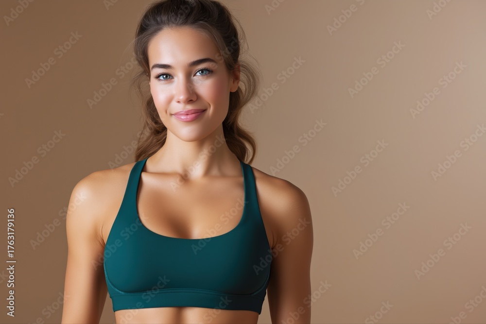 Fototapeta premium Young caucasian female in sportswear smiling against brown background
