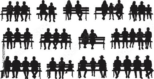 Silhouette people sitting on benches, group crowd illustration, public park seating, social gathering design, teamwork concept, community lifestyle, urban leisure, black vector artwork
