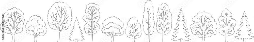 Obraz premium Row of Diverse Tree Types – Deciduous and Coniferous Silhouettes, Botanical Variety, Landscape Elements, Black and White Vector Illustration