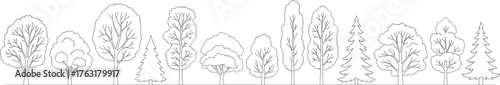 Row of Diverse Tree Types – Deciduous and Coniferous Silhouettes, Botanical Variety, Landscape Elements, Black and White Vector Illustration