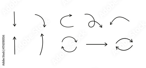Thin Lines Arrows Set. Line arrows and directions icon set. Minimal vector chevrons pack. Includes turn up, U-turn, swap, bounce, trend, shuffle, zigzag, merge, split, loop and more. Editable stroke.