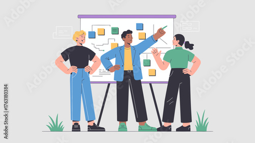 Team discussing strategy on whiteboard