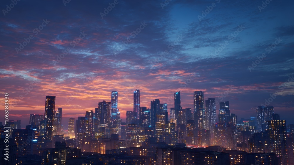 Fototapeta premium Stunning virtual skyline of a city at dusk with vibrant colors and distinct architecture