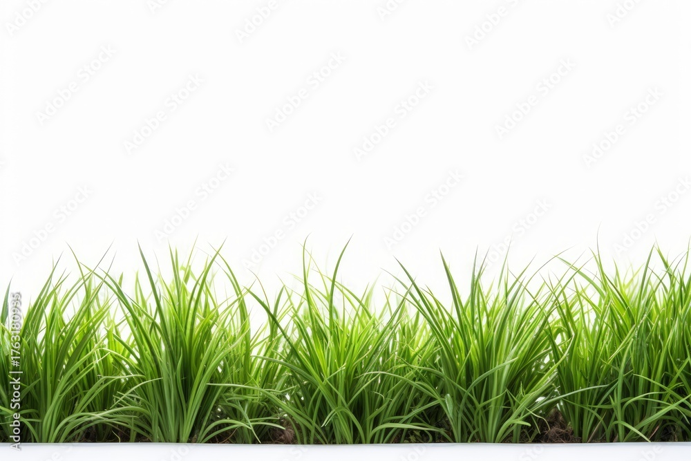 Obraz premium Vibrant green grass growing against a clean white backdrop, offering ample copy space for text or design elements