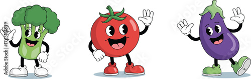 Three cartoon vegetables waving hello with happy faces and arms