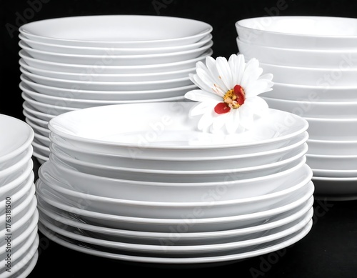 Stacks of white dishes with a flower