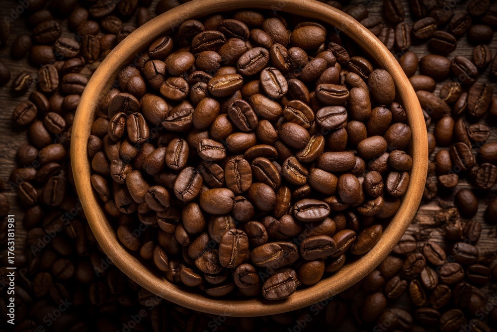Fototapeta premium Roasted coffee beans are overflowing a wooden bowl placed on a rustic wooden table, creating a warm and inviting scene
