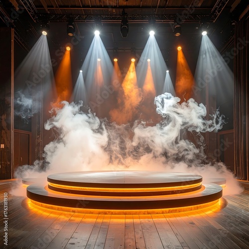 Stage lit by spotlights with smoke