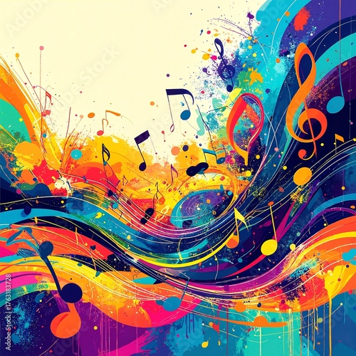 A vibrant, abstract background featuring swirling colors like blues, reds, and yellows, evoking the energy and rhythm of music in a dynamic way.